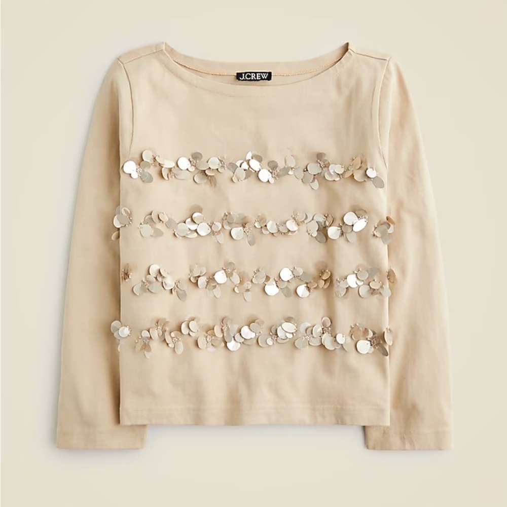 NEW J Crew Mariner Jersey Long Sleeve Tee Floral‎ Embellished Light Khaki Medium